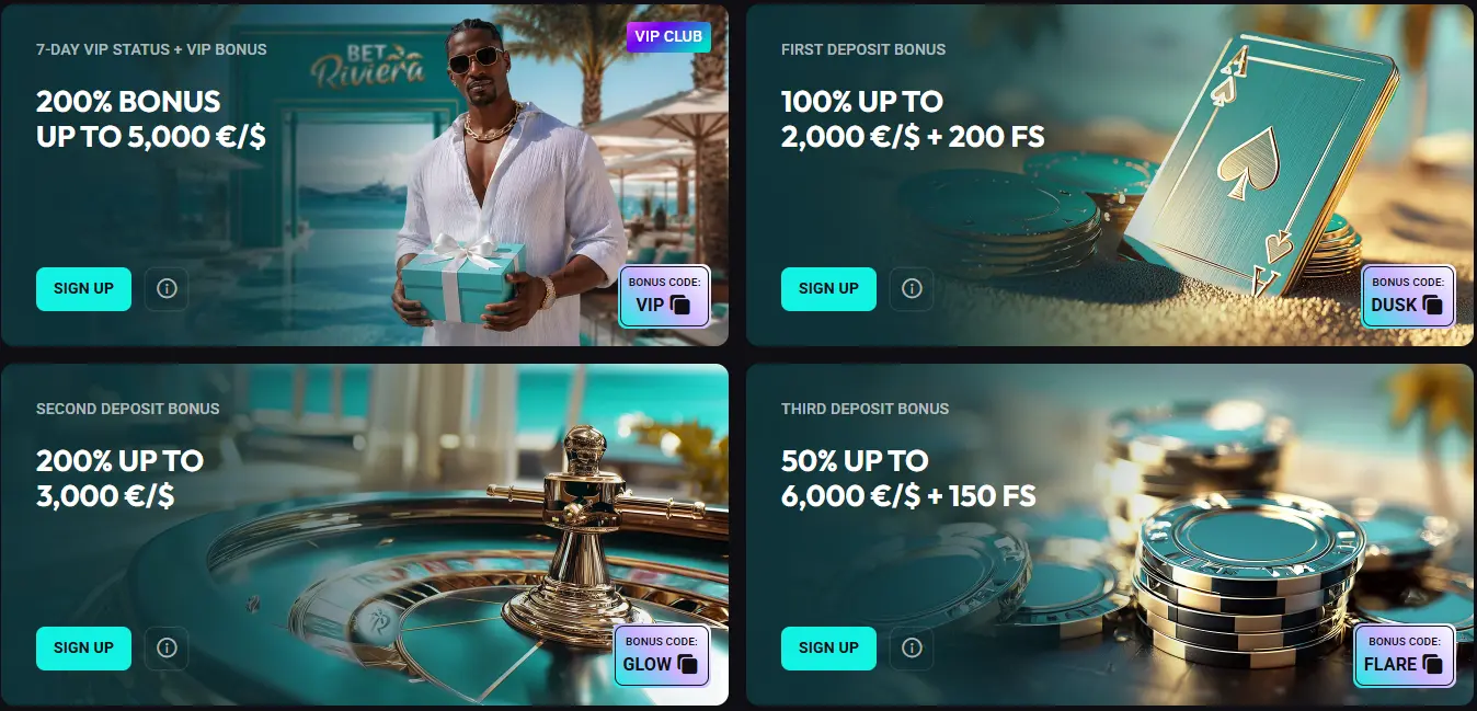 Promotions BetRiviera Casino — bonus de bienvenue, rechargements, cashback et campagnes récurrentes